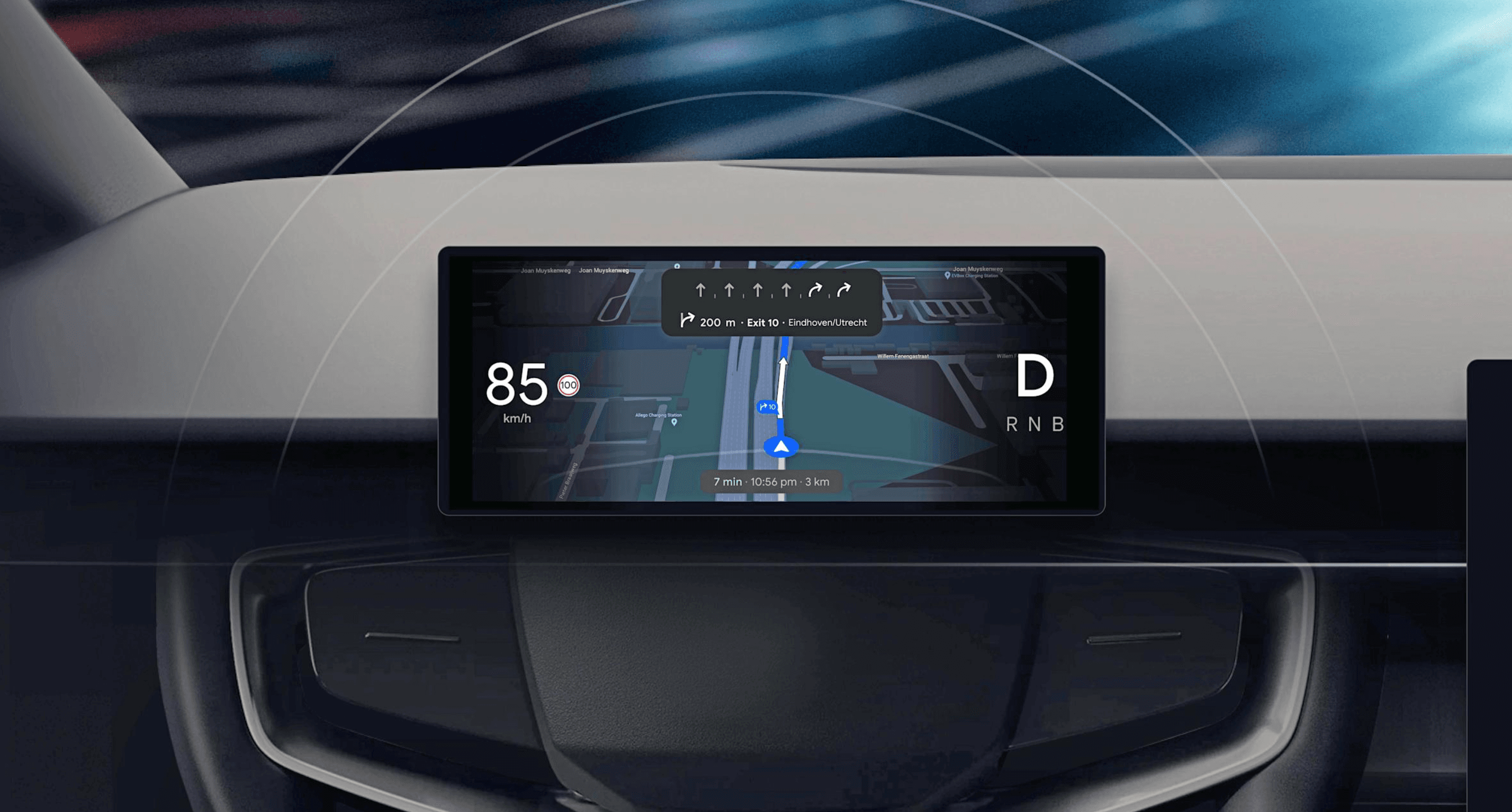Google Maps 3D navigation on a car dashboard display