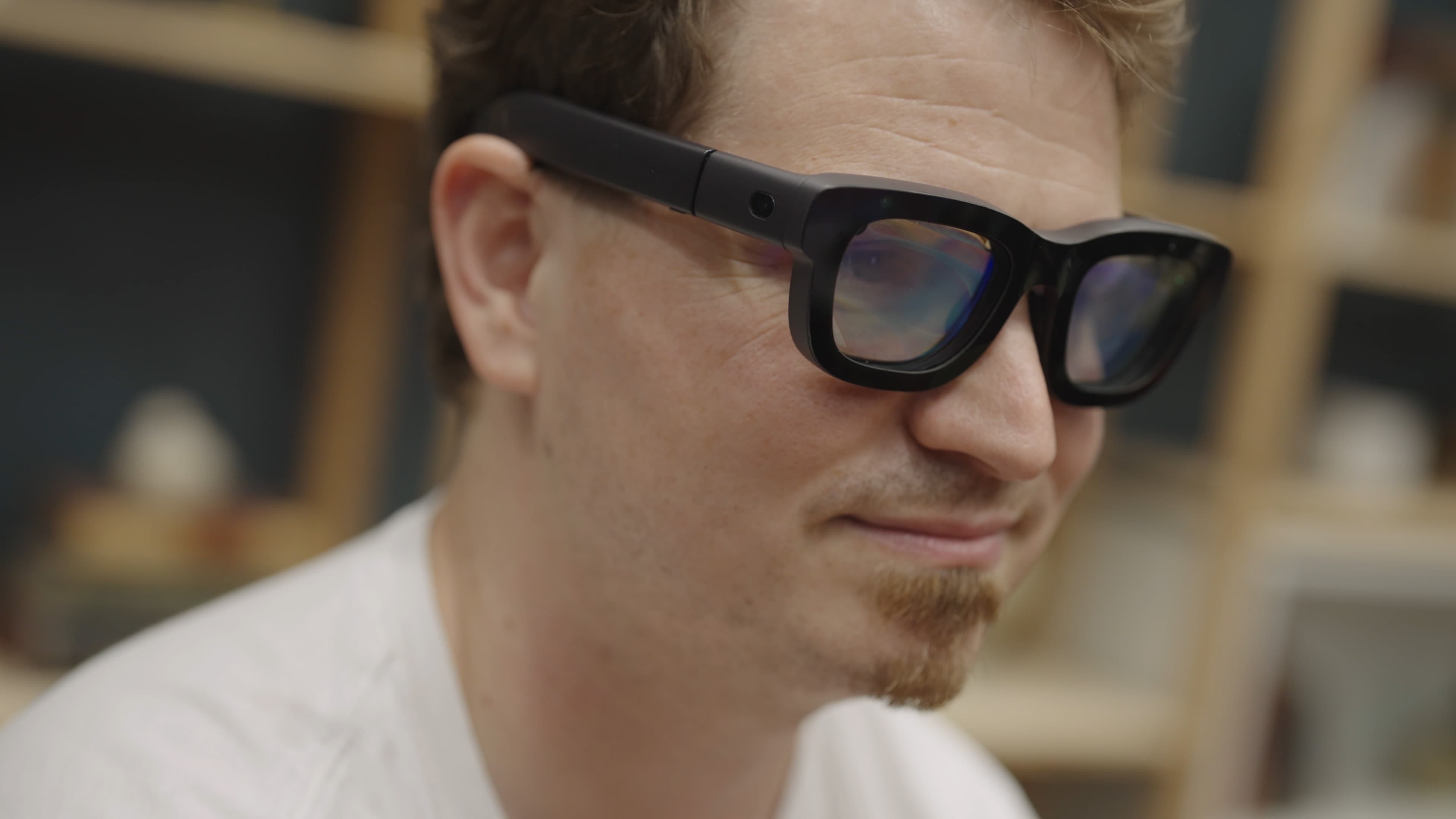 Close-up of Meta Orion AR glasses prototype showing waveguide optics